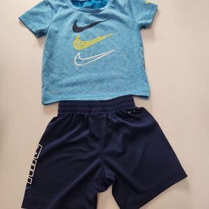 Nike‎ T-Shirt Shorts Set Boys Size 24M Light Blue Navy Athletic Dri-FIT Sporty